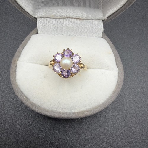 Amethyst and pearl 9ct - and,